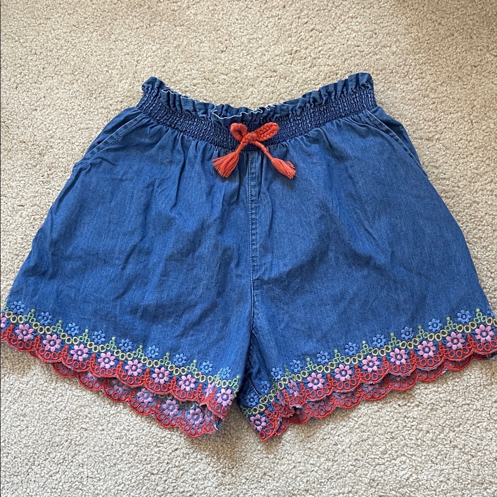Girls Blue Chambray Floral Trim Shorts with Red Tie